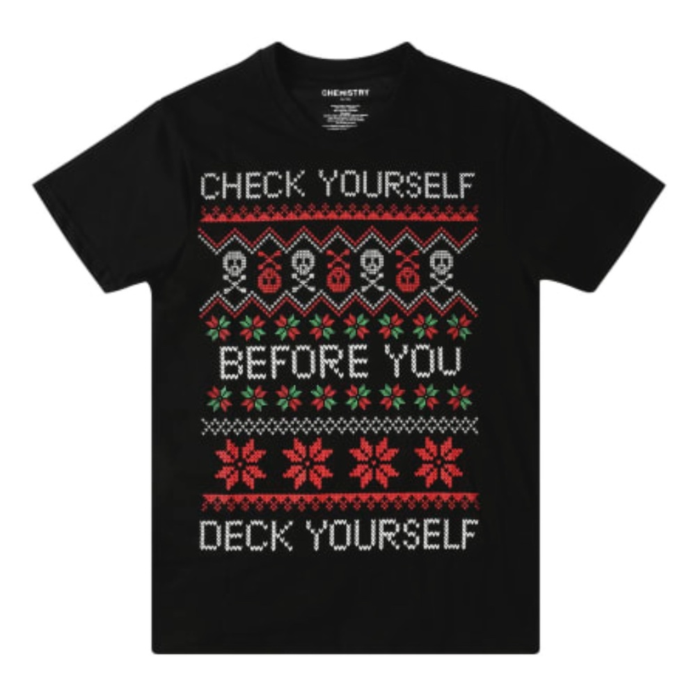 'Check Yourself Before You Deck Yourself' Christmas Graphic Tee Size Medium
